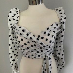 Black & White Polka Dot Long Sleeve Wrap Shirt, S